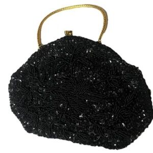 Vintage Safco 1960s Black Beaded Fringe Evening Bag Small Clasp Formal 7"